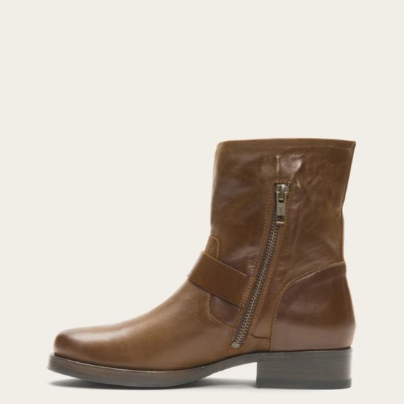 Frye Vicky Engineer Moto Brown Real Leather Belted Vintage Mid Calf Ankle Boot - Picture 5 of 16